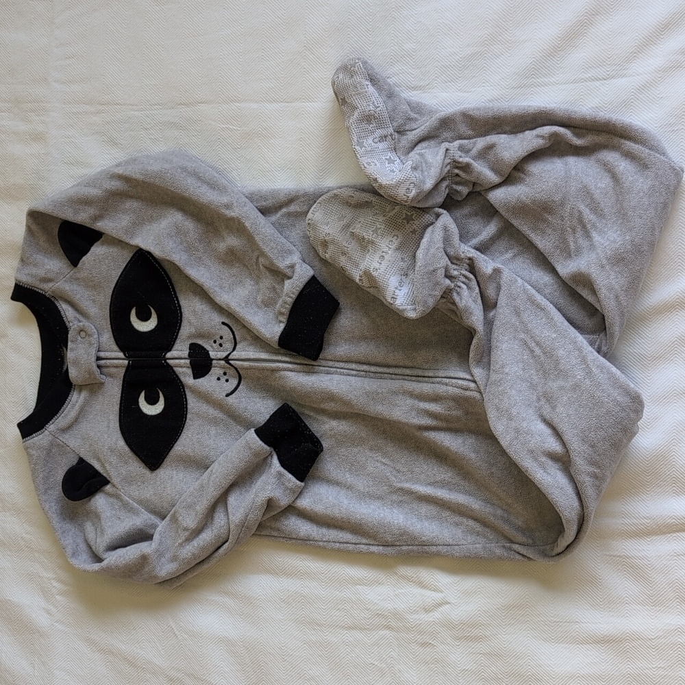 carter's gray raccoon fleece zipper footie sleeper pajamas 3T toddler boys - Picture 4 of 6
